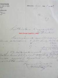 Oscar Isaksson Kangas-turkki-lakki-hattukauppa, Hämeenlinna syyskuun 1. 1922. -asiakirja