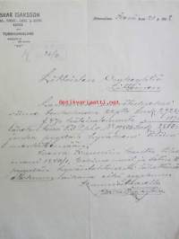Oscar Isaksson Kangas-turkki-lakki-hattukauppa, Hämeenlinna kesäkuun 21. 1922. -asiakirja