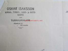 Oscar Isaksson Kangas-turkki-lakki-hattukauppa, Hämeenlinna Toukokuun 22. 1922. -asiakirja