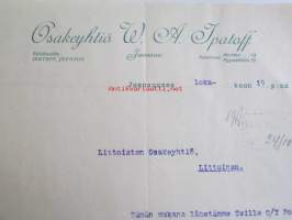 Osakeyhtiö W. A. Ipatoff, Joensuussa lokakuun 19.. 1922. -asiakirja