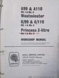 BMC A99 &amp; A110 Westminster, 6/99 &amp; 6/110 Princess 3-litre Mks. I &amp; II, Workshop Manual -Korjauskäsikirja, Katso tarkemmat mallit ja sisällysluettelo kuvista