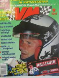 Vauhdin maailma 2001 nr 8 -mm. Ralli-SM Tampere, Ralli-MM Safari, Ralli-EM Saksa, Mänttä-ralli, historic rally trophy Turku, F1-MM Ranska ja Englanti ja Saksa,