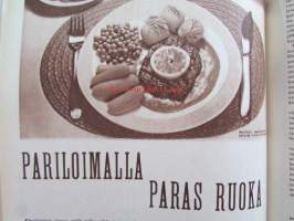 Kotiliesi 1958 nr 8 -mm.  Huhtikuu Ompelemme nahkakäsineet, Pariloimalla paras ruoka, Hattu kaunistaa, Hankkisimmeko koiran?, Arkkitehti Raili Kokkola valoa