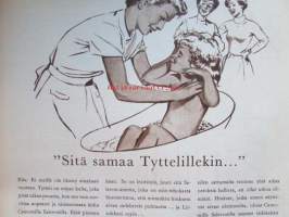 Kotiliesi 1954 nr 8 huhtikuu -mm. Kevyttä keväistä appelsiineista, Isä, Rakenna leikkimökki ( 3 erilaista mallipiirrosta), Kukkien keräilijän neljä ikkunaa,