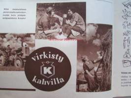 Kotiliesi 1954 nr 17 -mm. Puusta maasta talven tarpeeseen, Tohtori Toivo Rautavaara tiede säilönnän apuna, Kannot kangitta pihasta, Silakkapihvejä paistamalla