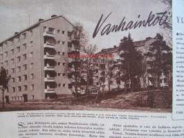 Kotiliesi 1954 nr 19 lokakuu, Vaatemuotia 1954 ks. värillinen pukuliite keskiaukeamalla . Mm. Iltapalaa vieraanvaraa, Puutarha on antanut satonsa lepokausi