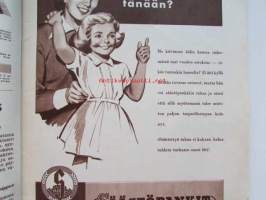 Kotiliesi 1954 nr 19 lokakuu, Vaatemuotia 1954 ks. värillinen pukuliite keskiaukeamalla . Mm. Iltapalaa vieraanvaraa, Puutarha on antanut satonsa lepokausi