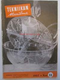 Tekniikan Maailma 1957 nr 11 -mm. Kannessa Tekokuu Sputnik 1, Pikuautolle talli rakennuspiirrustukset, Kiikarista teleobjektiivi, Asahiflex, He työskentelevät