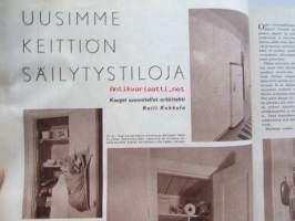 Kotiliesi 1961 nr 1 tammikuu  -mm. Uusimman keittiön säilytystiloja, Lapsen käsiala kertoo, Käytännön kaloriataulukko, Liina pöydän kaunistaa, Maukas