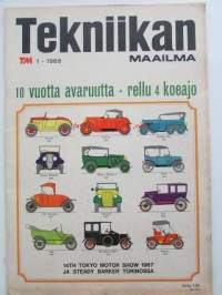 Tekniikan Maailma 1968 nr 1 -mm. Tokyo Motor Show Torinossa, Mazda RX 87, Datzsun Bluebird 1300, 10 vuotta avaruudessa, Renault R4L Rellu 4 koeajo, Voiteletko