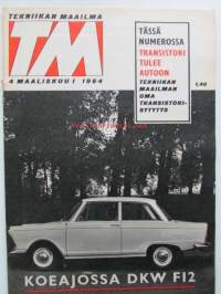 Tekniikan maailma 1964 nr 4 -mm. Kaksi laskua, DKW F 12, Japanin autoteollisuus, Transistori tulee autoon, Amerikan rauta, Lautakasasta veneeksi, Kamerauutisia