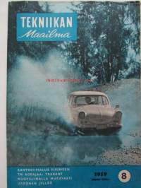 Tekniikan maailma 1959 nr 8 -mm. Valokuva suurennuskoneella, Tranflex III taskuun, Lambretta LI 150, BMW 700, Communar, LLoyd 900, Trabant, Kantosiipialus Suomeen