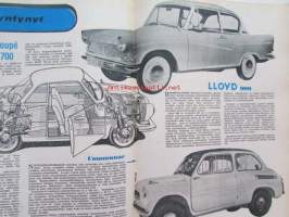 Tekniikan maailma 1959 nr 8 -mm. Valokuva suurennuskoneella, Tranflex III taskuun, Lambretta LI 150, BMW 700, Communar, LLoyd 900, Trabant, Kantosiipialus Suomeen