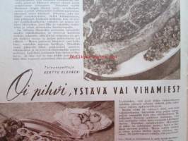 Kotiliesi 1948 nr 5 -mm. Pienoiskeittiö emännän laboratorio, Terveystalo äitien ilo kunnan ylpeys, Virkattu päähine on muodikus, Oi pihvi ystävä vai