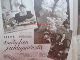 Kotiliesi 1948 nr 5 -mm. Pienoiskeittiö emännän laboratorio, Terveystalo äitien ilo kunnan ylpeys, Virkattu päähine on muodikus, Oi pihvi ystävä vai