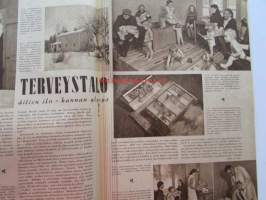 Kotiliesi 1948 nr 5 -mm. Pienoiskeittiö emännän laboratorio, Terveystalo äitien ilo kunnan ylpeys, Virkattu päähine on muodikus, Oi pihvi ystävä vai