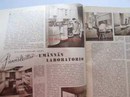 Kotiliesi 1948 nr 5 -mm. Pienoiskeittiö emännän laboratorio, Terveystalo äitien ilo kunnan ylpeys, Virkattu päähine on muodikus, Oi pihvi ystävä vai