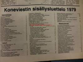 Koneviesti 1979 /22.sis,mm.Traktorien ohjaamomelu 85 db:ksi tammikuussa.Kyntöaurat ja polttoaineen kulutus,kokeilussa.Valmetin Hi-Trac ja