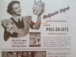 Kotiliesi 1951 nr 8 -mm. Irja Palonen esittelee hameita, Löytöretkillä luonnossa, Taikamaailma messuhallissamm. Lastentarhan kalusteet Alwar Aalto -mallistoa(
