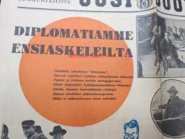 Uusi Suomi 1935 nr 5 (3.2.) Sunnuntailiite, sis. mm. seur. artikkelit; Diplomatiamme ensiaskeleilta, Kujanjuoksu eli kuinka lukiolaisnoviisit saivat täydet