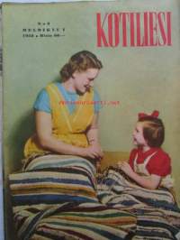 Kotiliesi 1952 nr 3 helmikuu I, Tekstiilitaiteilija Rauha Aarnio kolme mattoa, Kokosivun mainos Fazer Pinocchio toffee, Sokerimunkki-resepti, Silo-villatakkimainos..