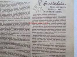 Kotiliesi 1952 nr 3 helmikuu I, Tekstiilitaiteilija Rauha Aarnio kolme mattoa, Kokosivun mainos Fazer Pinocchio toffee, Sokerimunkki-resepti, Silo-villatakkimainos..