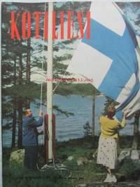 Kotiliesi 1958 nr 18 Kesäkuu 1958, Kansikuva Suomen lipun nosto, Kotipiha levon leikin ja työn paikka, Vene kesämökille, Koteja palveleva suuropisto ja Auli Tare