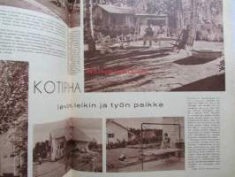 Kotiliesi 1958 nr 18 Kesäkuu 1958, Kansikuva Suomen lipun nosto, Kotipiha levon leikin ja työn paikka, Vene kesämökille, Koteja palveleva suuropisto ja Auli Tare