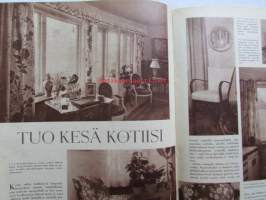 Kotiliesi 1958 nr 18 Kesäkuu 1958, Kansikuva Suomen lipun nosto, Kotipiha levon leikin ja työn paikka, Vene kesämökille, Koteja palveleva suuropisto ja Auli Tare