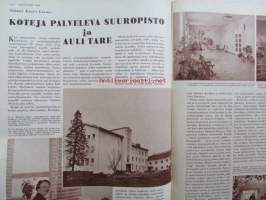 Kotiliesi 1958 nr 18 Kesäkuu 1958, Kansikuva Suomen lipun nosto, Kotipiha levon leikin ja työn paikka, Vene kesämökille, Koteja palveleva suuropisto ja Auli Tare