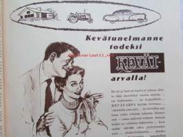 Kotiliesi 1955 nr 4 -mm. helmikuu Kansallispuku ajaton muoti, Talousneuvos Martta Kuusela, Piimäpiirakat, Katso kuvista tarkemmin sisällys ja mainoksia.