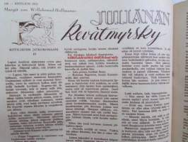 Kotiliesi 1955 nr 4 -mm. helmikuu Kansallispuku ajaton muoti, Talousneuvos Martta Kuusela, Piimäpiirakat, Katso kuvista tarkemmin sisällys ja mainoksia.