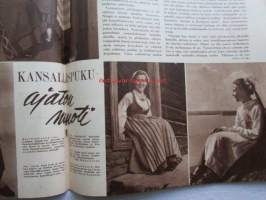 Kotiliesi 1955 nr 4 -mm. helmikuu Kansallispuku ajaton muoti, Talousneuvos Martta Kuusela, Piimäpiirakat, Katso kuvista tarkemmin sisällys ja mainoksia.