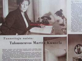 Kotiliesi 1955 nr 4 -mm. helmikuu Kansallispuku ajaton muoti, Talousneuvos Martta Kuusela, Piimäpiirakat, Katso kuvista tarkemmin sisällys ja mainoksia.