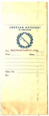Jokelan  Apteekki  H.Hällsten - käyttämätön apteekkipussi 1950-luvun alku