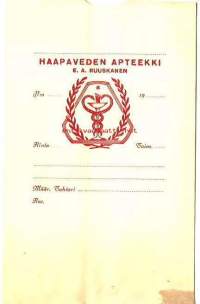 Haapaveden  Apteekki  - käyttämätön apteekkipussi 1950-luvun alku