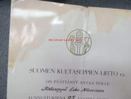 Suomen Kultaseppien Liitto - 25-vuotinen ammattiuskollisuus - Hopeinen ansiomerkki, 1969 Esko Nieminen -myöntökirja