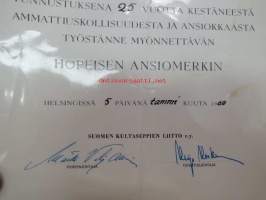 Suomen Kultaseppien Liitto - 25-vuotinen ammattiuskollisuus - Hopeinen ansiomerkki, 1969 Esko Nieminen -myöntökirja