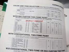 Chevrolet 1980 Dealer order guide and quick-spec; sis. värimallit, kangas- ja verhoilumallit, erilaisia varusteita jne, tarkoitettu automyyjän käyttöön