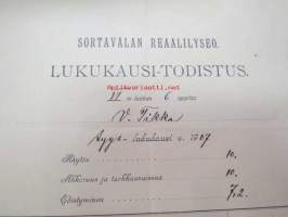 Sortavalan Reaalilyseo, lukukausi-todistus Vilho Tikka 1907