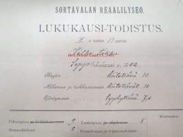 Sortavalan Reaalilyseo, lukukausi-todistus Vilho Tikka 1902