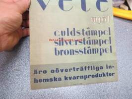 SOK:s kvarn i Wiborg vete mjöl guldstämpel, silverstämpel, bronsstämpel äro oöverträffliga inhemska kvarnprodukter -mainosplakaatti 1930-luvulta
