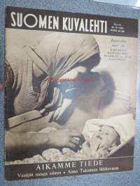 Suomen Kuvalehti 1954 nr 44, 30.10.1954, sis. mm. seur. artikkelit / kuvat / mainokset; Kansikuva - Rajaseudun nuori äiti, Karhula-Iiittala koristelasi,