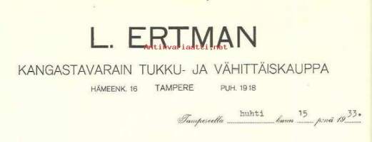 L.Ertman Kangastavarain tukku- ja vähittäiskauppa, Tampere 14.12.1933 - firmalomake