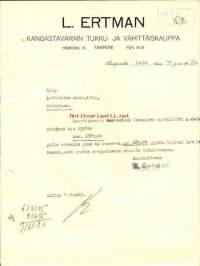 L.Ertman Kangastavarain tukku- ja vähittäiskauppa, Tampere 14.12.1933 - firmalomake