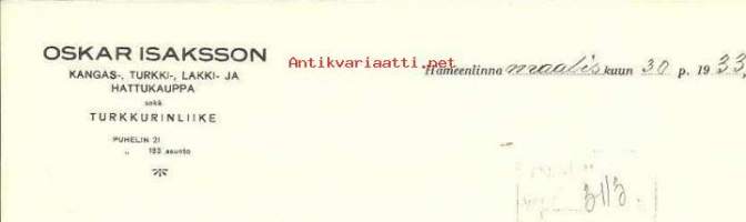 Oskar Isaksson, Kangas-, turkki-, lakki- ja hattukauppa, Hämeenlinna 12.5.1933 - firmalomake