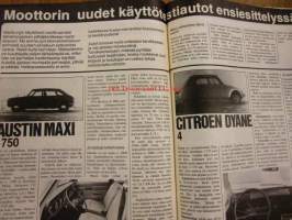 Moottori 1974 / 4 sis mm Austin Maxi ja Citroen Dyane uudet testiautot.Moottoripyöränäyttely ja taulukko.Paketti-ja erikoisautot.Moottorimökki(matkailuauto).ym