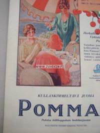 Kotiliesi 1930 nr 14, 15.7. heinäkuu II numero, Dresdenin hygieninen näyttely, Noormarkku - Katriina Ihanakangas, Takannessa värikäs  Pommac-mainos, Huonekalumessut