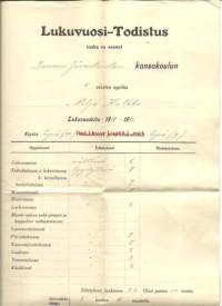 Lukuvuosi-todistus 1915 - Lammi Järventaus kansakoulu - koulutodistus