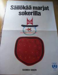 Säilökää marjat sokerilla  - Keskon mainosjuliste  1970-1980-luvuilta 80x120 cm  K-Kaupan Väiskin aikaisia.
